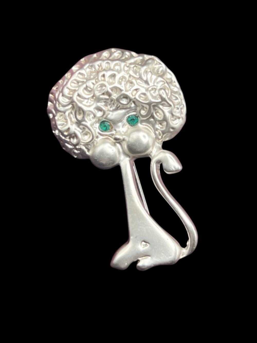 Midcentury Dog Brooch 18K White Gold Electroplate With Green Rhinestone Eyes